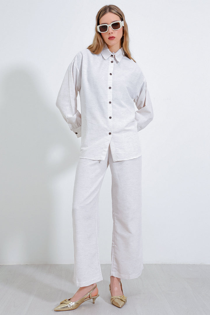 BGD Women T6624 Wide Leg Linen Top and Bottom Set - Cream - Avondale