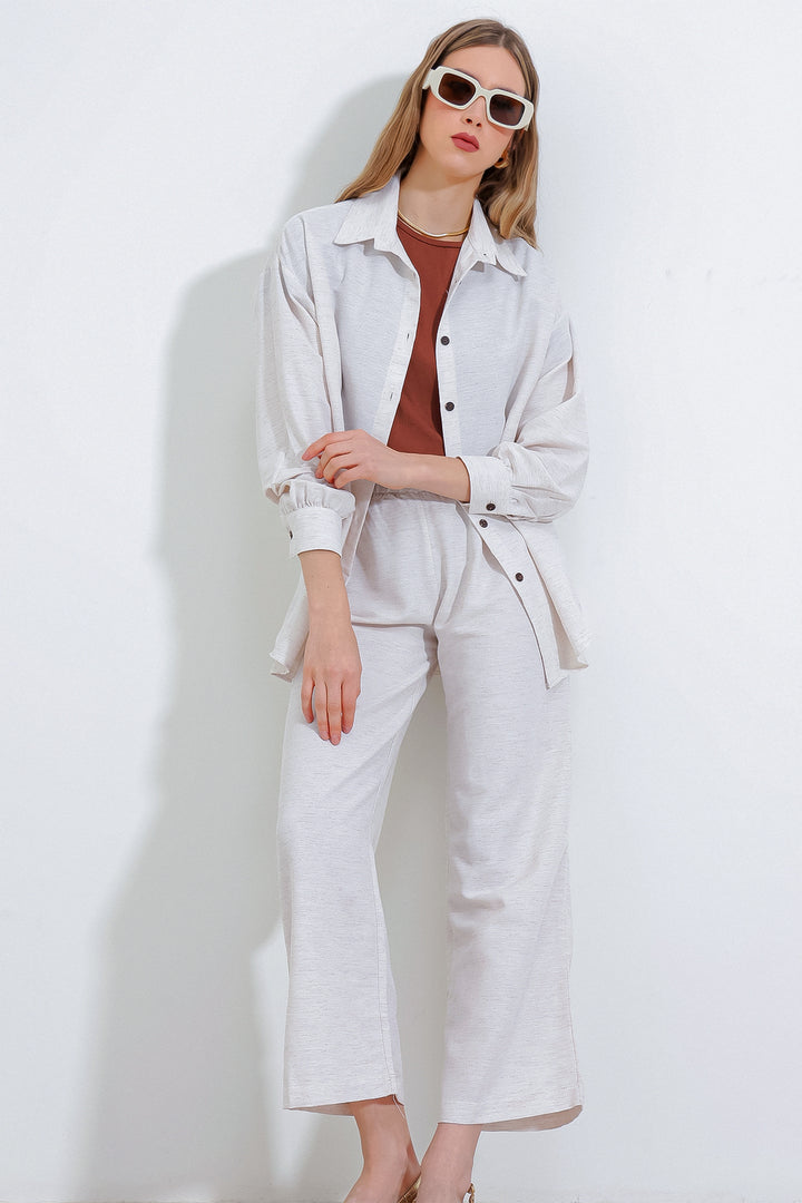 BGD Women T6624 Wide Leg Linen Top and Bottom Set - Cream - Avondale