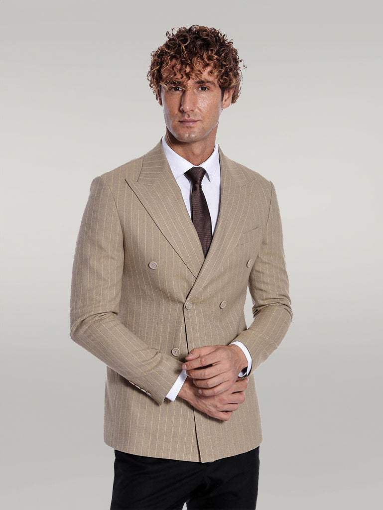 WSS Striped Double Breasted Cream Men Blazer  - Singen