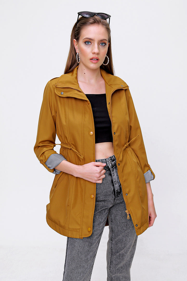 BGD Women Waist Pleated Trench Coat - Tan - Avondale
