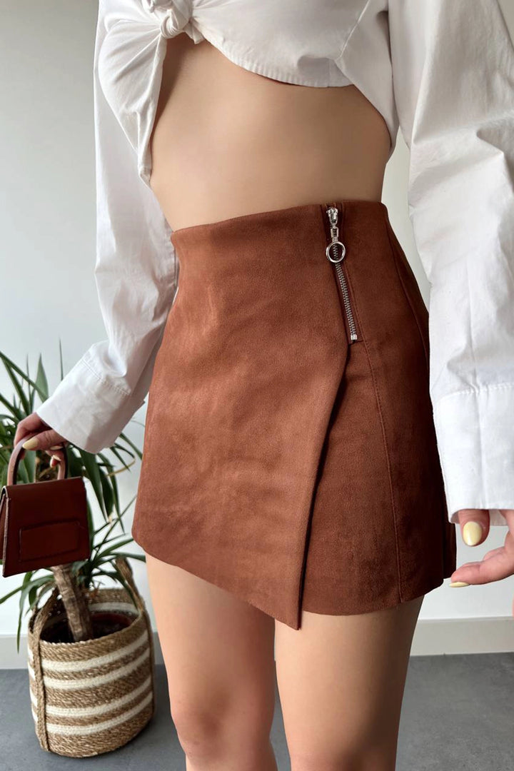 Taba Zipper Detailed Suede Shorts Skirt BC231014 - Troyes