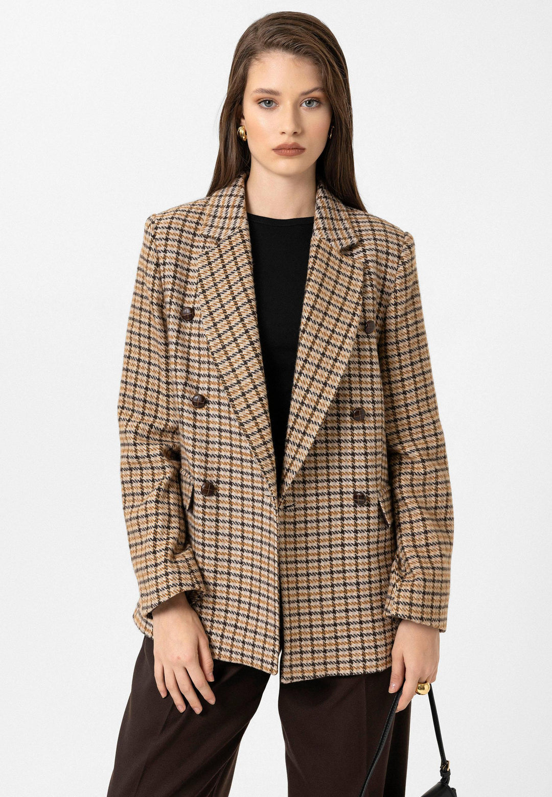 ANT Antioch Taba Kadın Kazayağı Desenli Blazer Ceket - Aubagne