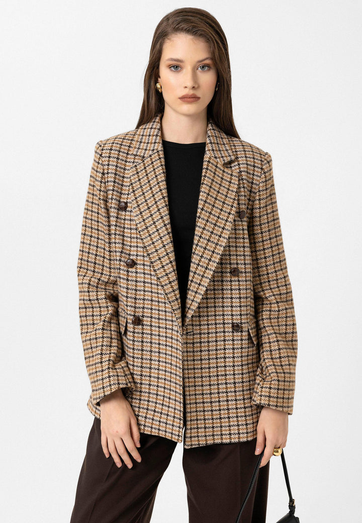 ANT Antioch Taba Kadın Kazayağı Desenli Blazer Ceket - Aubagne