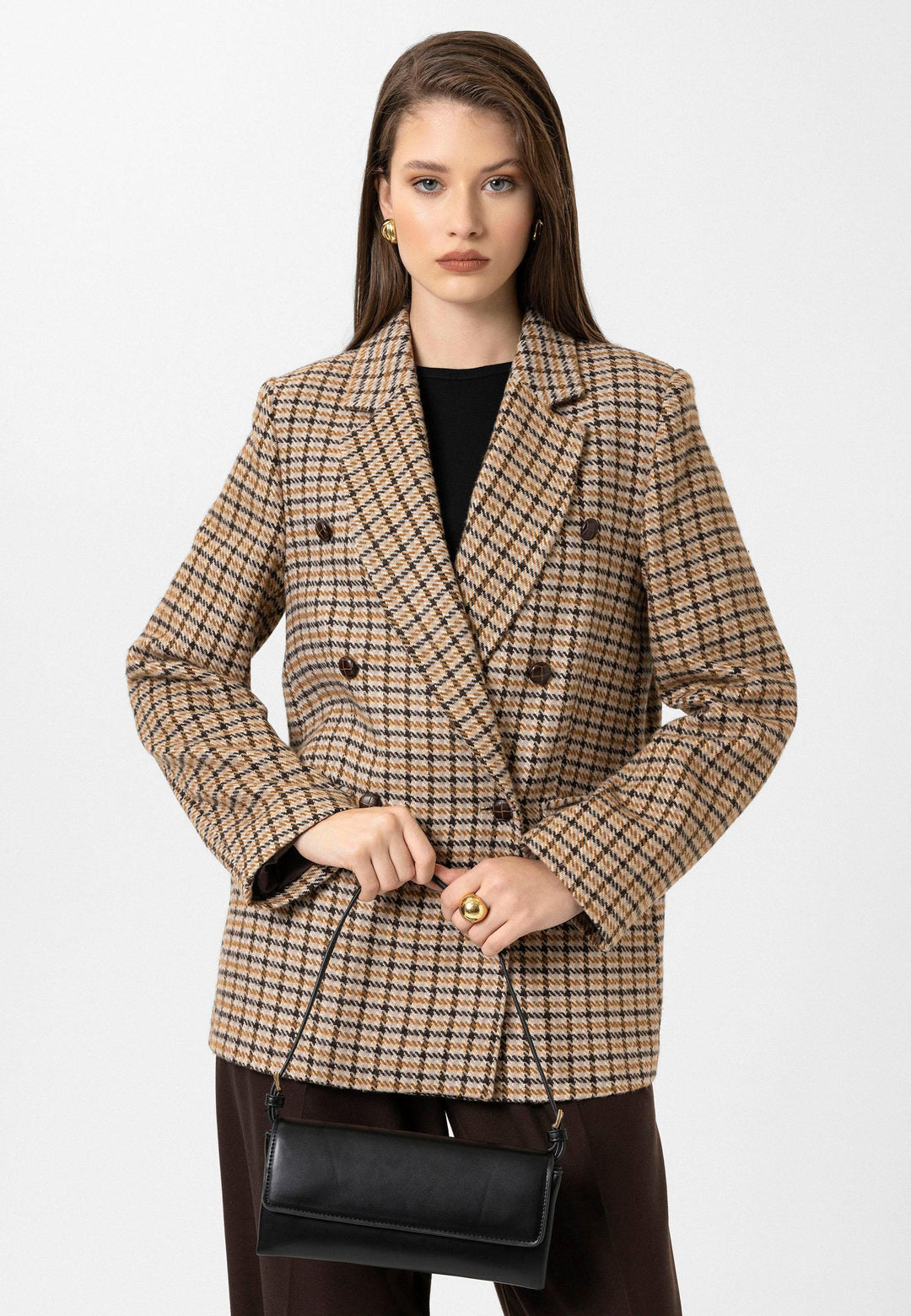 ANT Antioch Taba Kadın Kazayağı Desenli Blazer Ceket - Aubagne