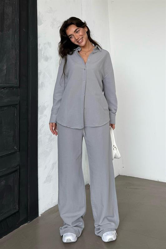 MDX Painted Gray Linen Women's Shirt Pants Set Mg2356 - Huehuetoca