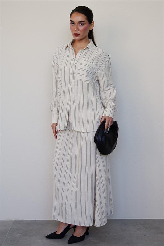 MDX Ecru Striped Linen Skirt Shirt Set Mg2447 - Covilhã