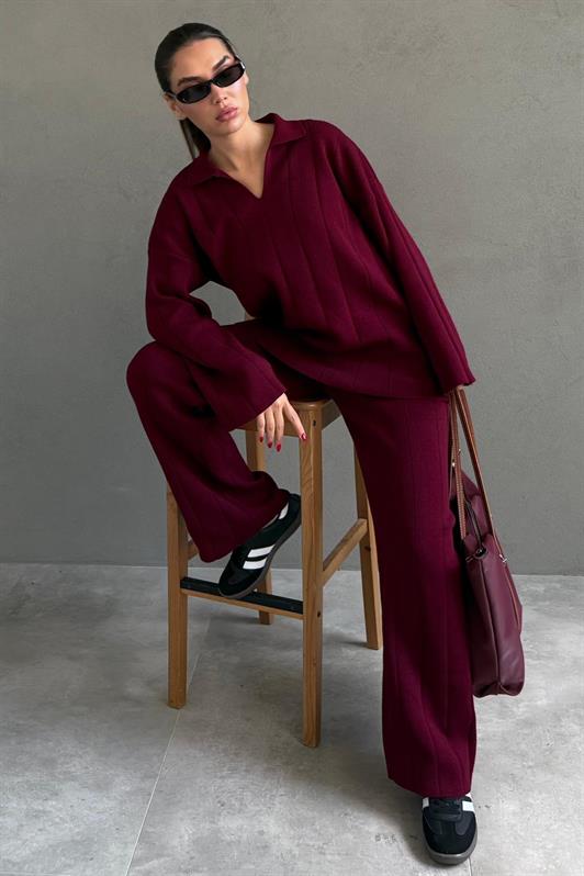 MDX Burgundy Comfortable Cut Stitch Detailed Women's Knitwear Set MG2584 - Limbiate