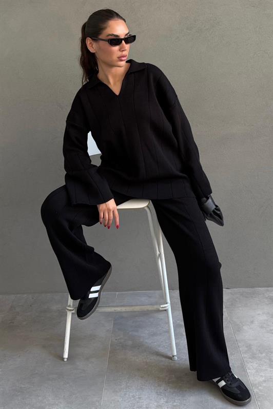 MDX Black Comfortable Cut Detailed Women's Knitwear Set MG2584 - Cranbourne