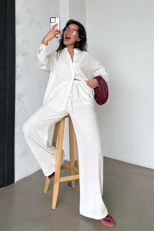 MDX Ecru Linen Women's Shirt Pants Set Mg2356 - Minatitlán