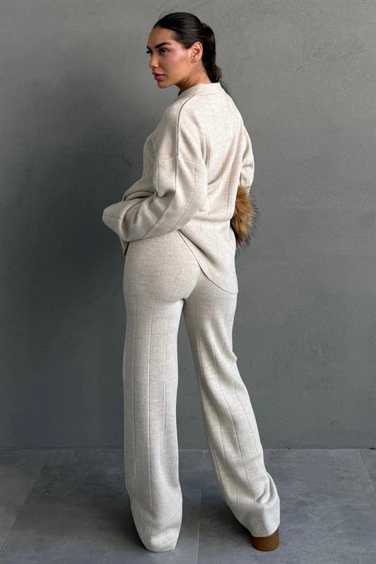 MDX Beige Comfortable Cut Detailed Women's Knitwear Set MG2584 - Suffolk