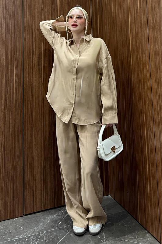 MDX Beige Basic Women's Shirt Pants Set Mg2352 - Tulancingo