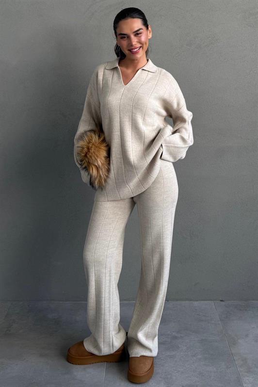 MDX Beige Comfortable Cut Detailed Women's Knitwear Set MG2584 - Suffolk
