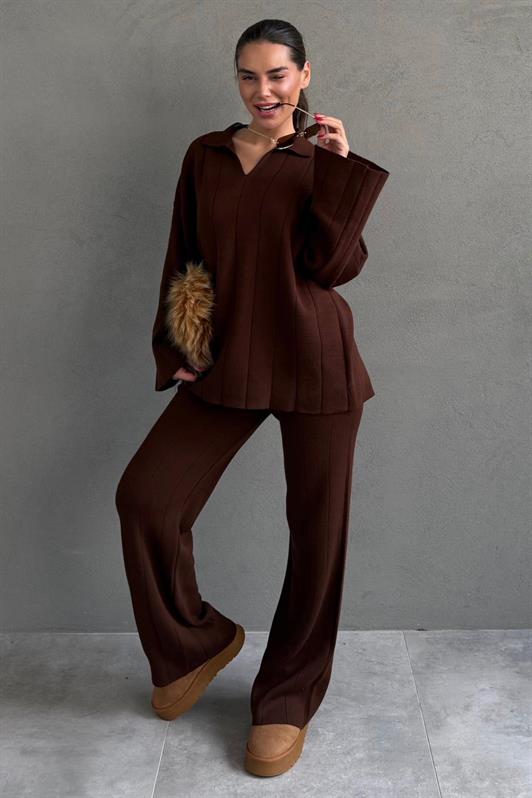 MDX Bitter Coffee Comfortable Cut Sewing Detailed Women's Knitwear Set MG2584 - Irvington