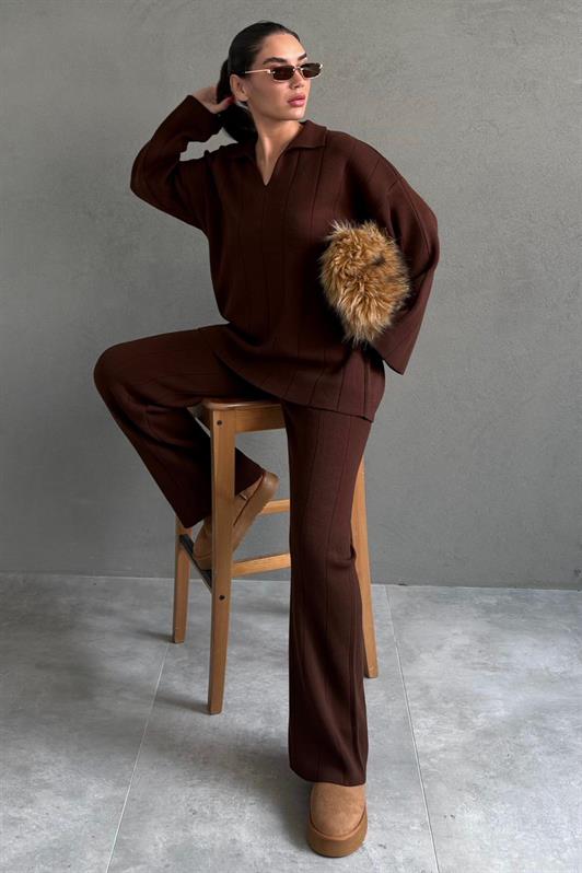 MDX Bitter Coffee Comfortable Cut Sewing Detailed Women's Knitwear Set MG2584 - Irvington