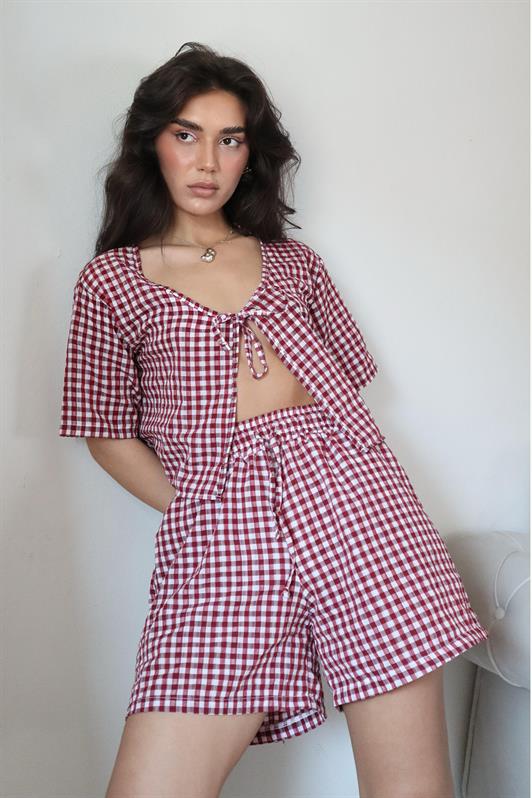 MDX Burgundy Polka Dot Shorts Blouse Set Mg2373 - Schwerte