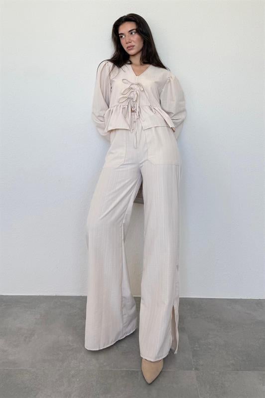 MDX Beige Front Tied Blouse Pants Suit MG2343 - Los Angeles