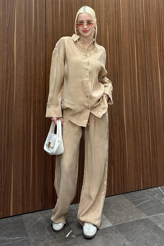 MDX Beige Basic Women's Shirt Pants Set Mg2352 - Tulancingo
