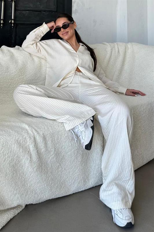 MDX Ecru Long Sleeve Striped Shirt Pants Set MG2329 - Longmont