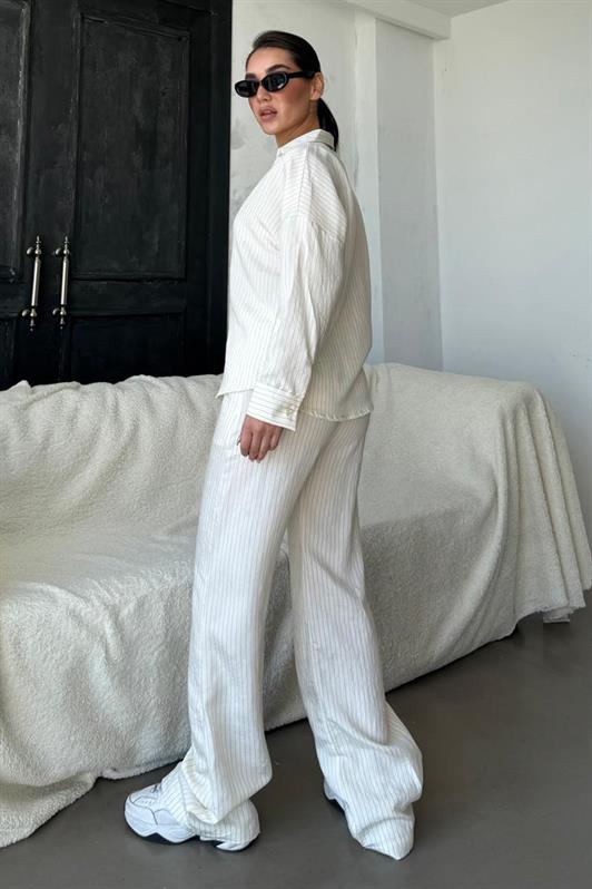 MDX Ecru Long Sleeve Striped Shirt Pants Set MG2329 - Longmont