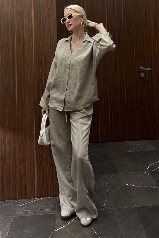 MDX Beige Striped Long Sleeve Shirt Pants Set MG2329 - Altadena