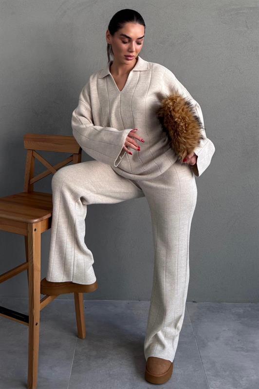 MDX Beige Comfortable Cut Detailed Women's Knitwear Set MG2584 - Suffolk