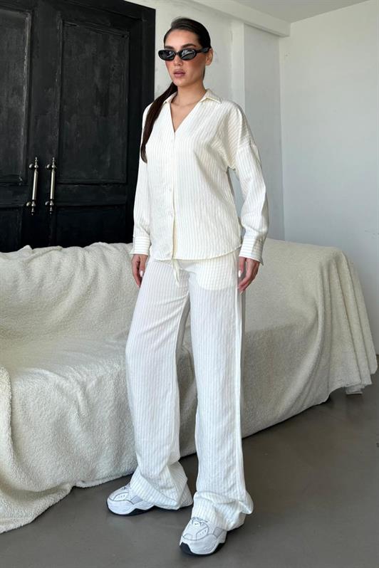 MDX Ecru Long Sleeve Striped Shirt Pants Set MG2329 - Longmont