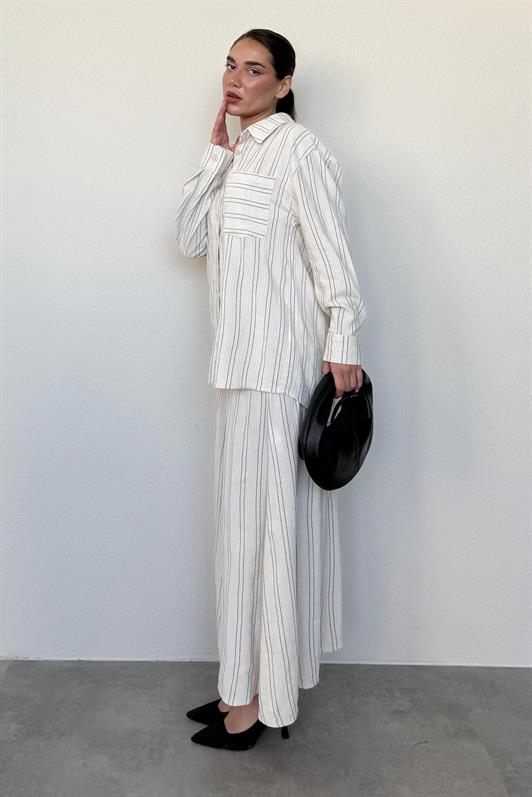 MDX Ecru Striped Linen Skirt Shirt Set Mg2447 - Covilhã
