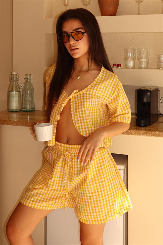 MDX Yellow Checkered Shorts Blouse Set Mg2373 - Pénjamo