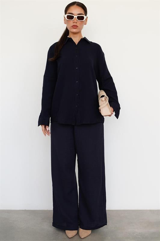 MDX Navy Blue Basic Women's Shirt and Pants Suit Mg2461 - Craiova