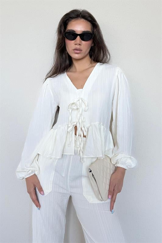MDX Ecru Front Tied Blouse Pants Suit MG2343 - Matamoros