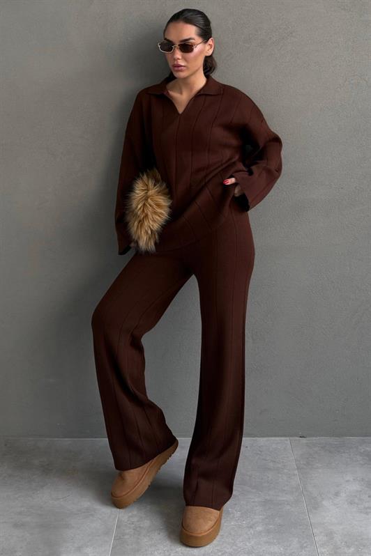 MDX Bitter Coffee Comfortable Cut Sewing Detailed Women's Knitwear Set MG2584 - Irvington