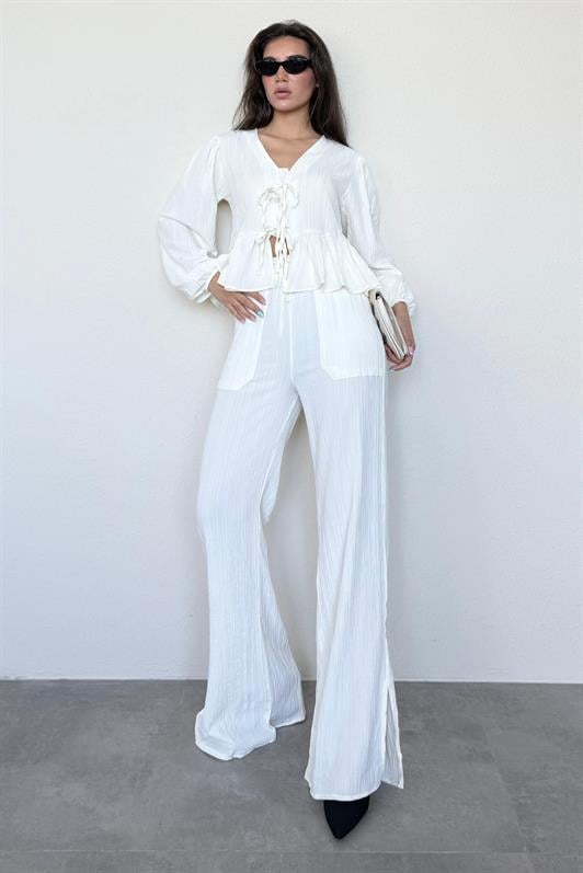 MDX Ecru Front Tied Blouse Pants Suit MG2343 - Matamoros