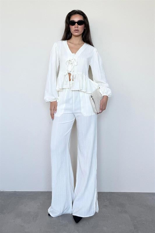 MDX Ecru Front Tied Blouse Pants Suit MG2343 - Matamoros