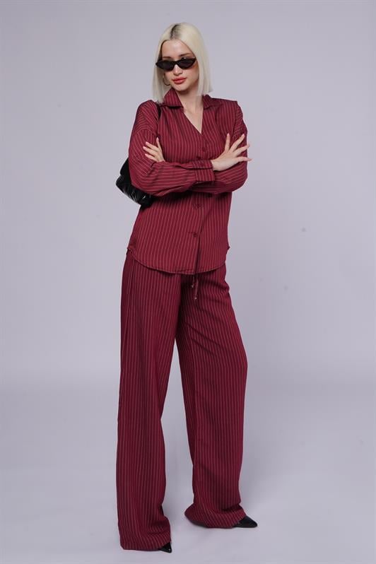 MDX Burgundy Long Sleeve Striped Shirt Pants Set MG2329 - Long Eaton