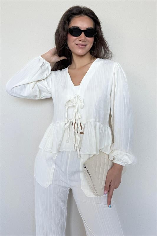 MDX Ecru Front Tied Blouse Pants Suit MG2343 - Matamoros