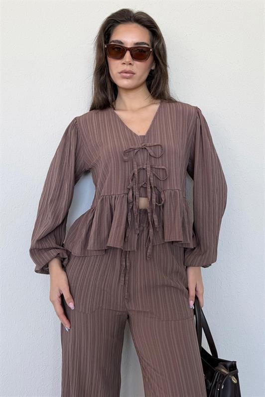 MDX Brown Front Tied Blouse Pants Suit MG2343 - Châlons-en-Champagne