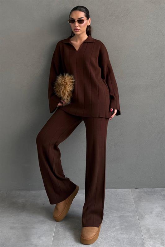 MDX Bitter Coffee Comfortable Cut Sewing Detailed Women's Knitwear Set MG2584 - Irvington