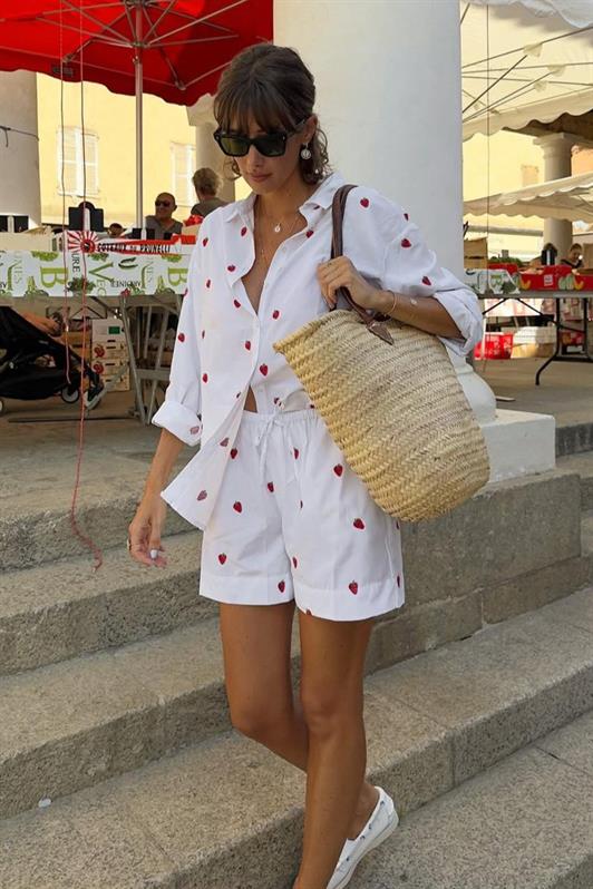 MDX White Strawberry Patterned Women's Shorts Shirt Set MG2406 - Lake Oswego