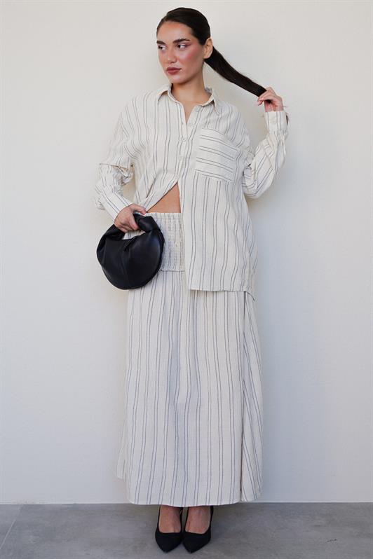 MDX Ecru Striped Linen Skirt Shirt Set Mg2447 - Covilhã