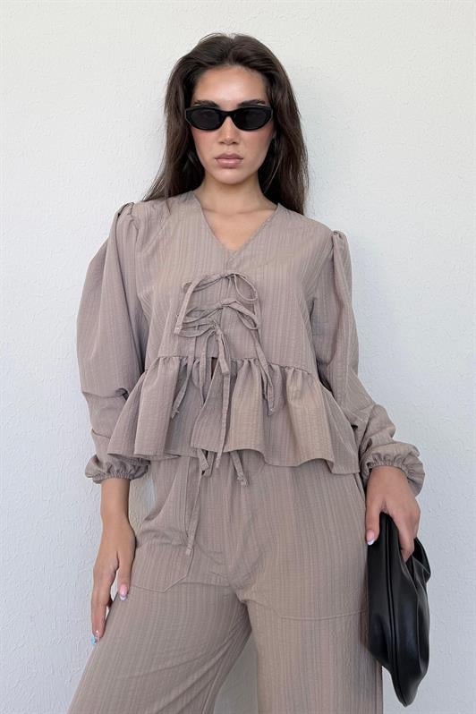 MDX Camel Front Tied Blouse Pants Suit MG2343 - Lake Elsinore