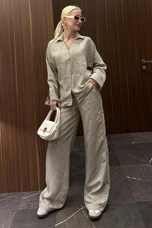 MDX Beige Striped Long Sleeve Shirt Pants Set MG2329 - Altadena