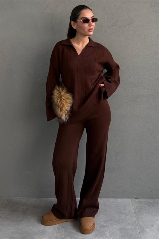 MDX Bitter Coffee Comfortable Cut Sewing Detailed Women's Knitwear Set MG2584 - Irvington