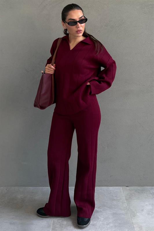 MDX Burgundy Comfortable Cut Stitch Detailed Women's Knitwear Set MG2584 - Limbiate