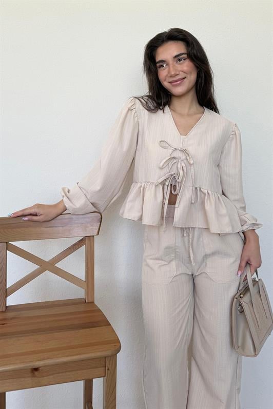 MDX Beige Front Tied Blouse Pants Suit MG2343 - Los Angeles
