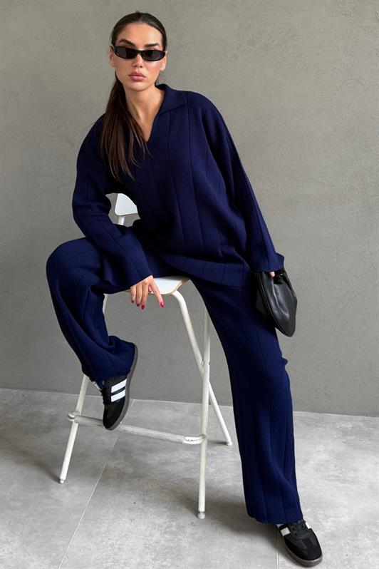 MDX Lacivert  Rahat Kesim Dikiş Detaylı Kadın Triko Takım MG2584 - Cabo San Lucas