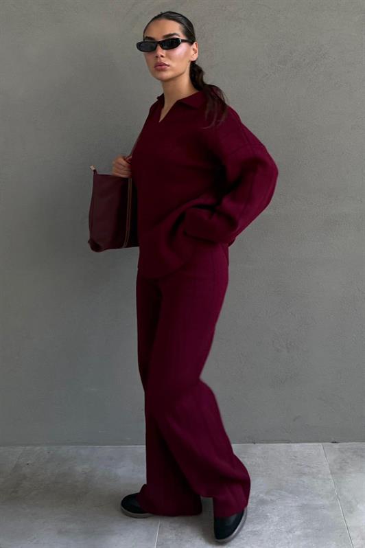 MDX Burgundy Comfortable Cut Stitch Detailed Women's Knitwear Set MG2584 - Limbiate