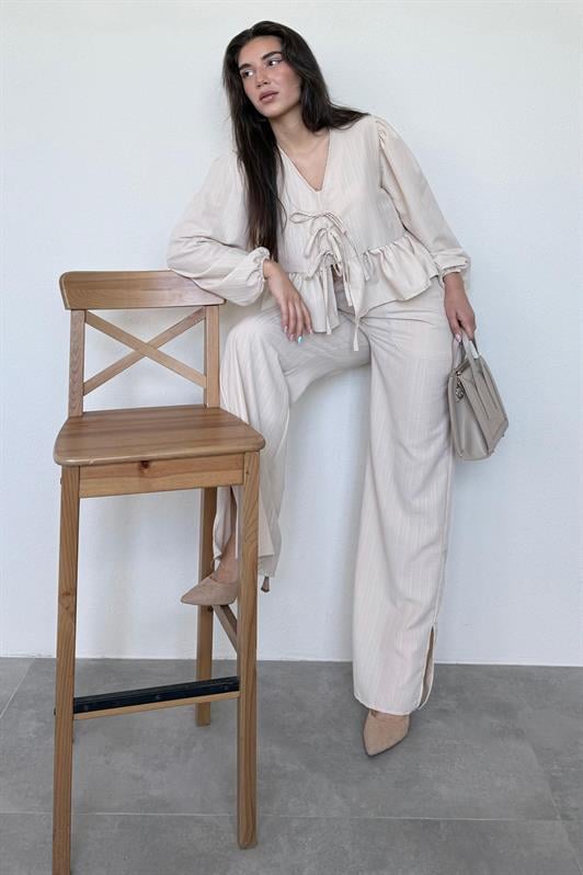 MDX Beige Front Tied Blouse Pants Suit MG2343 - Los Angeles