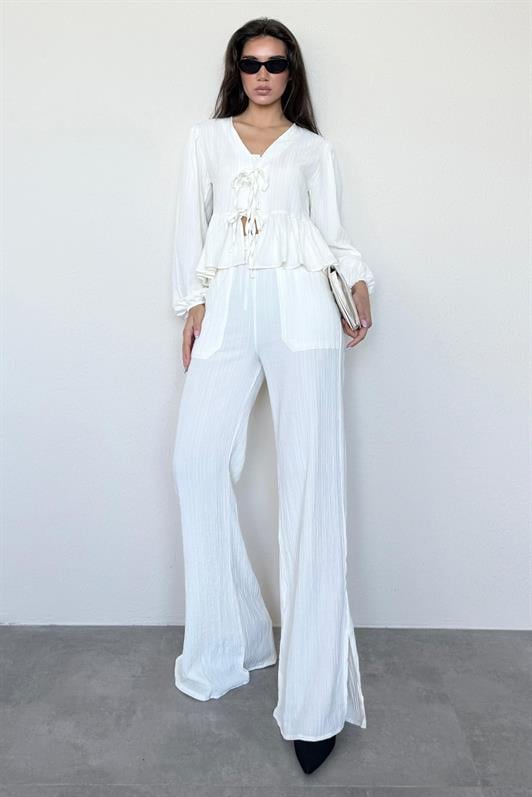 MDX Ecru Front Tied Blouse Pants Suit MG2343 - Matamoros