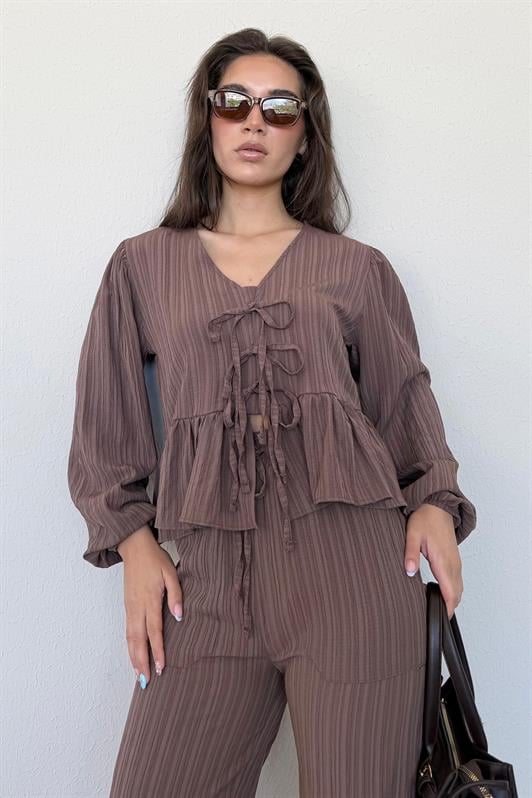 MDX Brown Front Tied Blouse Pants Suit MG2343 - Châlons-en-Champagne