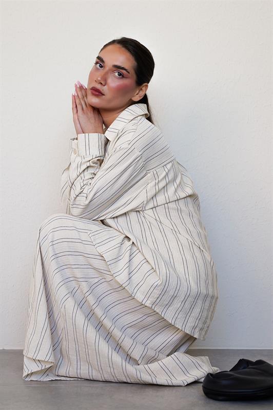 MDX Ecru Striped Linen Skirt Shirt Set Mg2447 - Covilhã